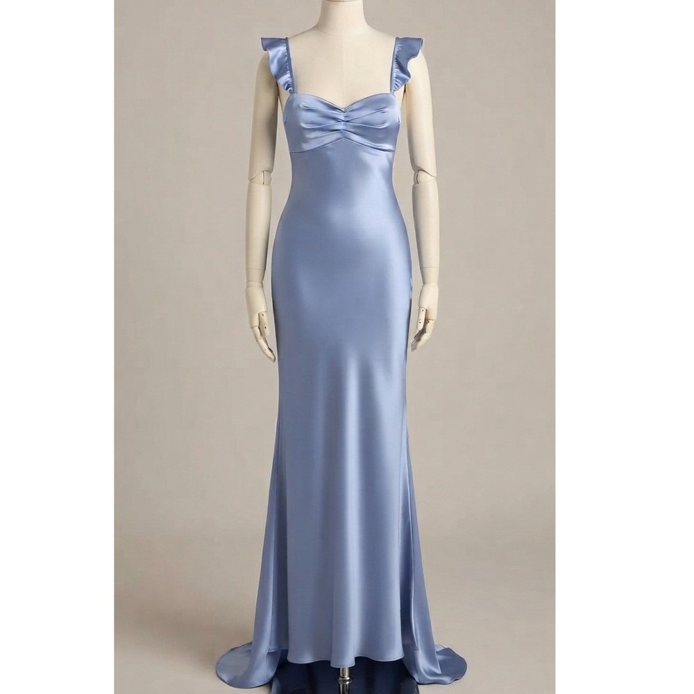 Exuberant Luxury Periwinkle Satin Ruffled Lace-Up Maxi  Dress M NWT